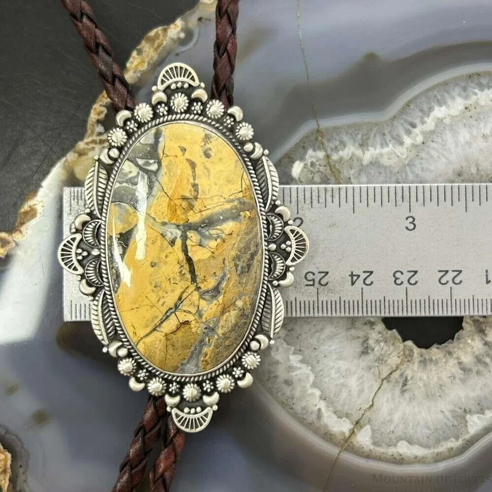 Sterling Southwestern Style Large Oval Picture Jasper Decorated Bolo Tie For Men